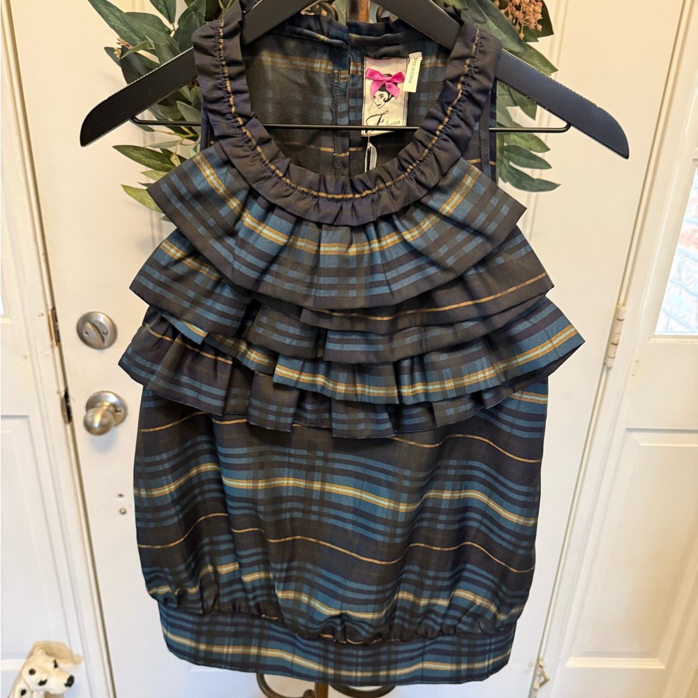 NWT Freelance Academia Plaid High Neck Ruffle Sleeveless Top Blouse M